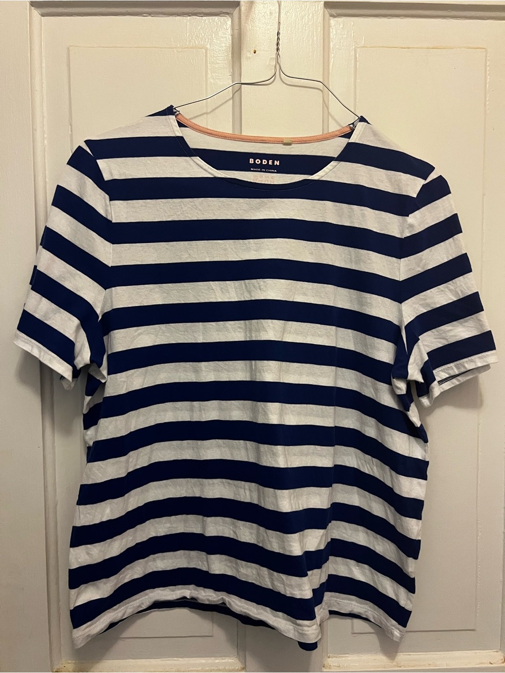 Boden Navy & White Striped Short Sleeve Tee with Contrast Neck Trim